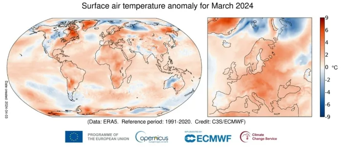 Le temperature medie di marzo 2024