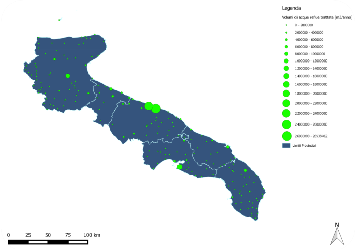 Localizzazione e taglia dei depuratori in Puglia
